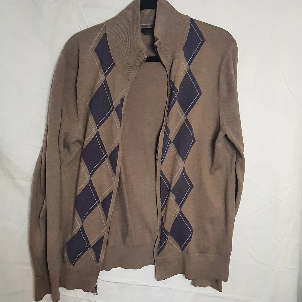 Banana Republic Mens Argyle Full Zip Cardigan Sweater Brown 100% Cotton M 302721